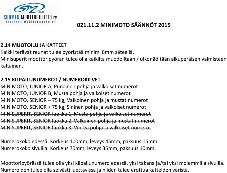 numerot MINIMOTO, SENIOR + 75 kg, Sininen pohja ja valkoiset numerot MINISUPERIT, SENIOR luokka 1, Musta pohja ja valkoiset numerot MINISUPERIT, SENIOR luokka 2, Valkoinen pohja ja mustat numerot