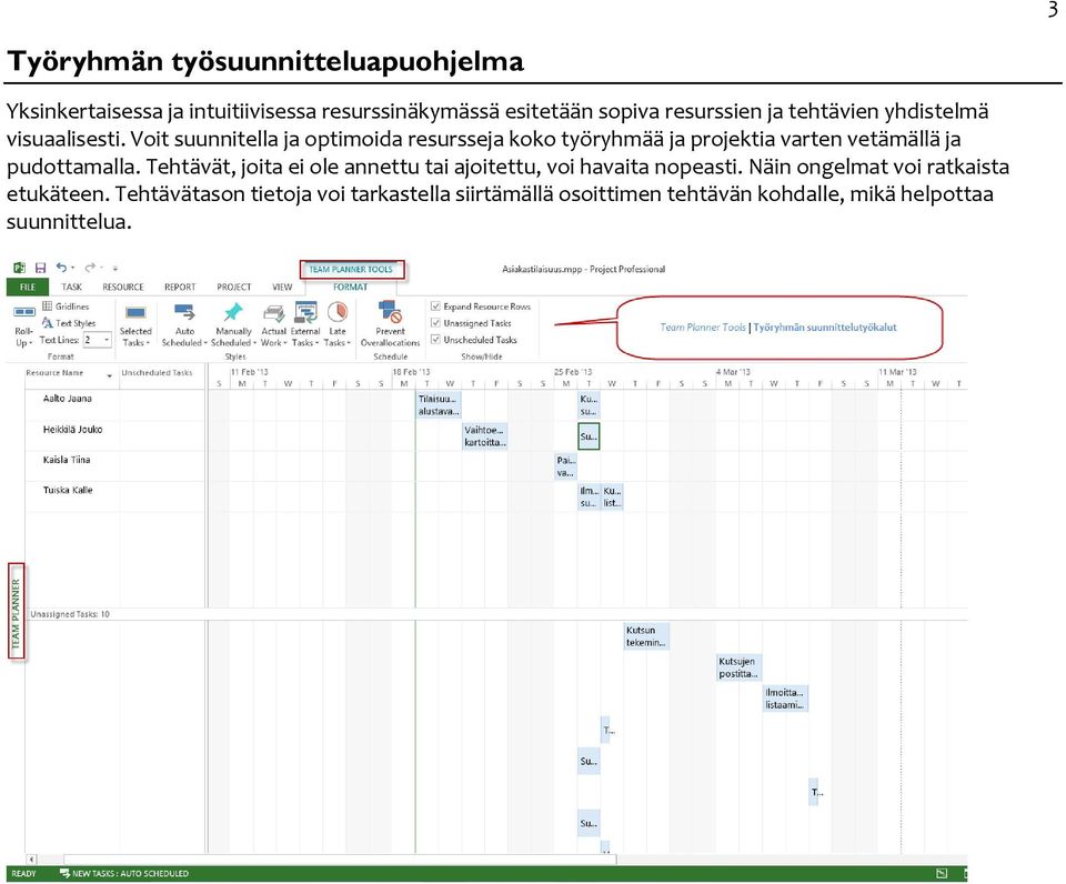 Voit suunnitella ja optimoida resursseja koko työryhmää ja projektia varten vetämällä ja pudottamalla.