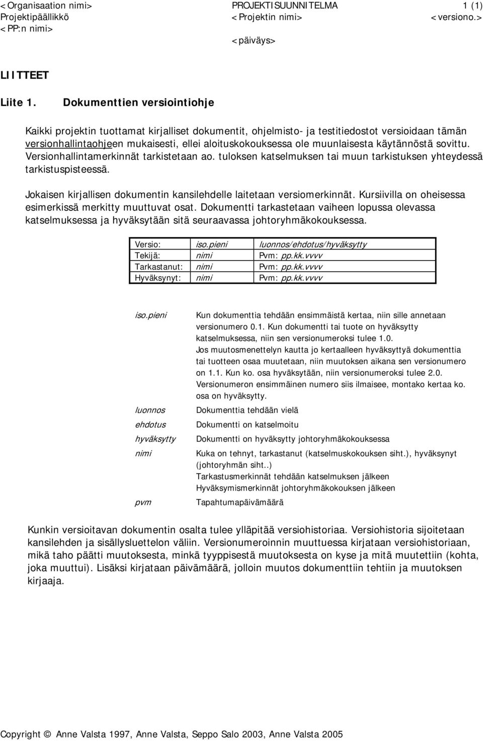 muunlaisesta käytännöstä sovittu. Versionhallintamerkinnät tarkistetaan ao. tuloksen katselmuksen tai muun tarkistuksen yhteydessä tarkistuspisteessä.