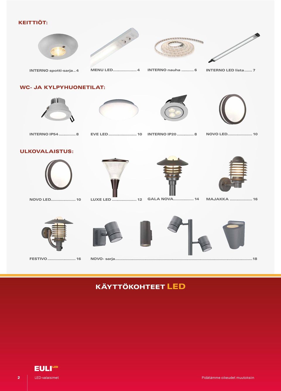 .. 10 ULKOVALAISTUS: NOVO LED... 10 LUXE LED... 12 GALA NOVA... 14 MAJAKKA... 16 FESTIVO.