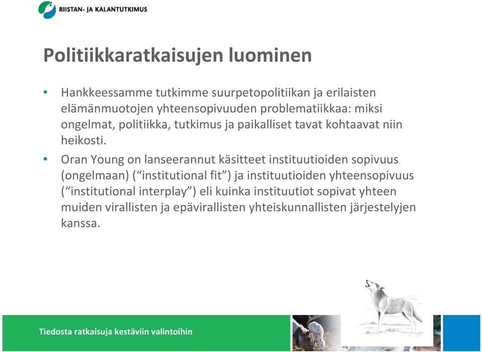 Oran Young on lanseerannut käsitteet instituutioiden sopivuus (ongelmaan) ( institutional fit ) ja instituutioiden