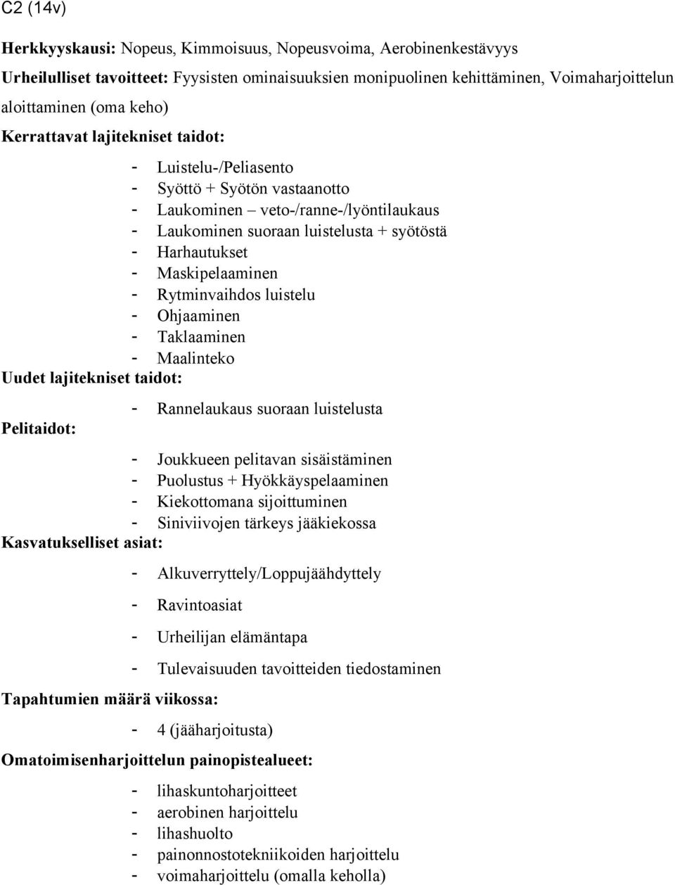 Ohjaaminen - Taklaaminen - Maalinteko - Rannelaukaus suoraan luistelusta - Joukkueen pelitavan sisäistäminen - Puolustus + Hyökkäyspelaaminen - Kiekottomana sijoittuminen - Siniviivojen tärkeys