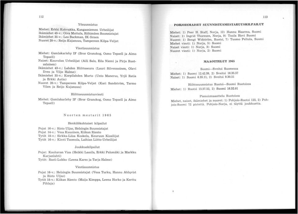 Ruotsalainen) Ikämiehet 43-v.: Lahden Hiihtoseura (Lauri Silvennoinen, Olavi Ilves ja Viljo Halme) Ikämiehet 35-v.: Korpilahden Murto (Unto Manerus, Yrjö Ratia ja Erkki Autio) Nuoret 20-v.