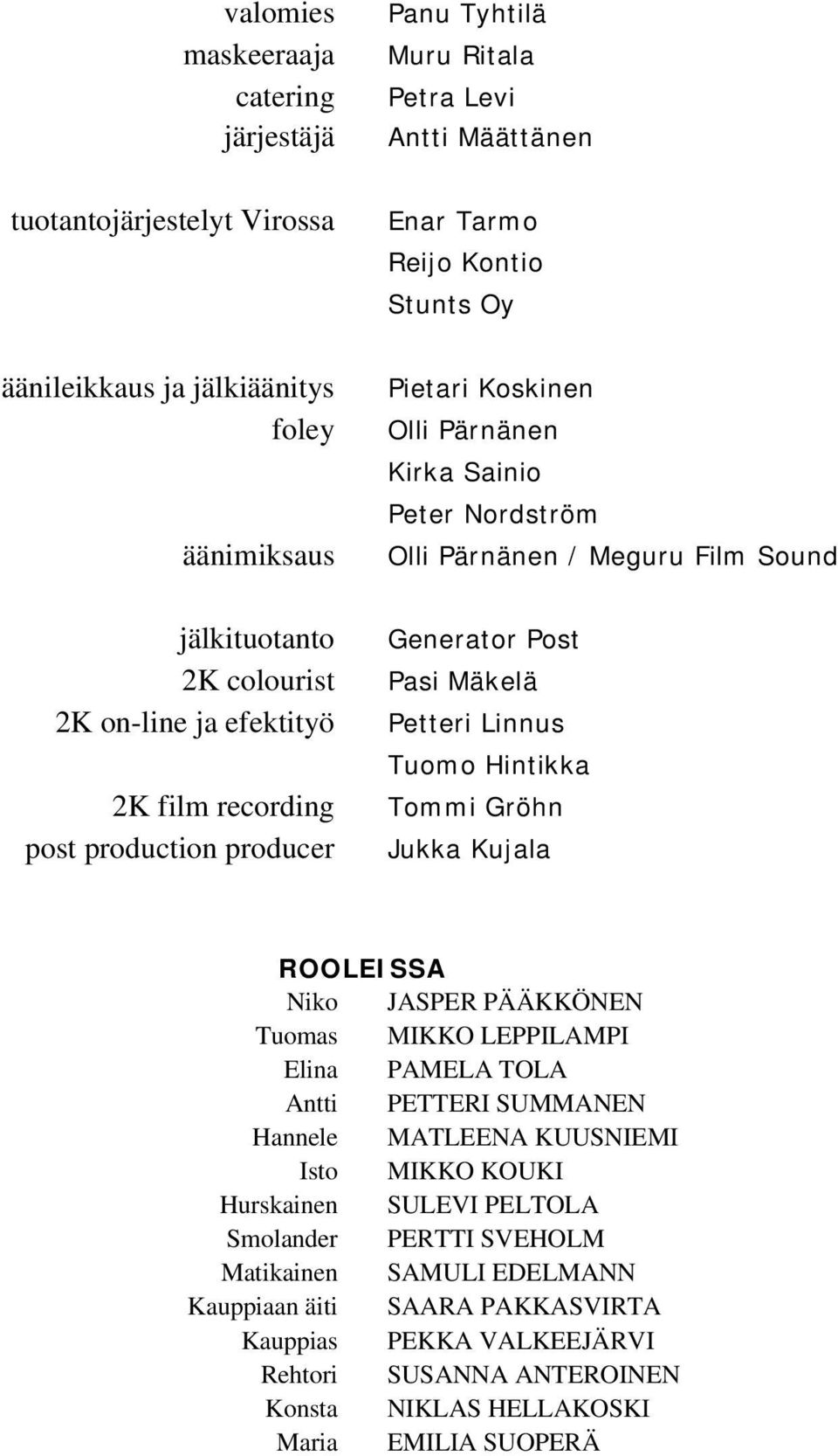 Generator Post Pasi Mäkelä Petteri Linnus Tuomo Hintikka Tommi Gröhn Jukka Kujala ROOLEISSA Niko JASPER PÄÄKKÖNEN Tuomas MIKKO LEPPILAMPI Elina PAMELA TOLA Antti PETTERI SUMMANEN Hannele MATLEENA