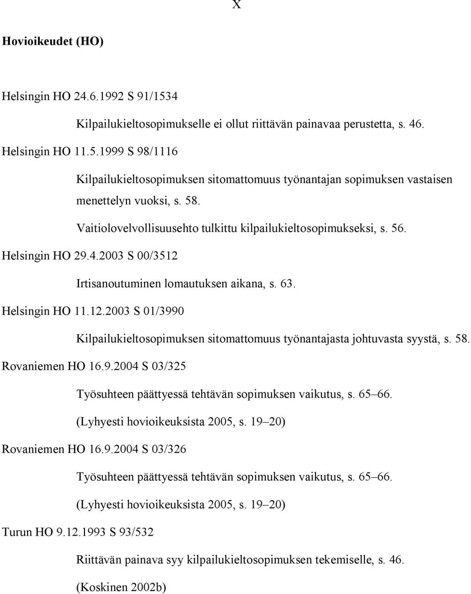 58. Rovaniemen HO 16.9.2004 S 03/325 Työsuhteen päättyessä tehtävän sopimuksen vaikutus, s. 65 66. (Lyhyesti hovioikeuksista 2005, s. 19 20) Rovaniemen HO 16.9.2004 S 03/326 Työsuhteen päättyessä tehtävän sopimuksen vaikutus, s.