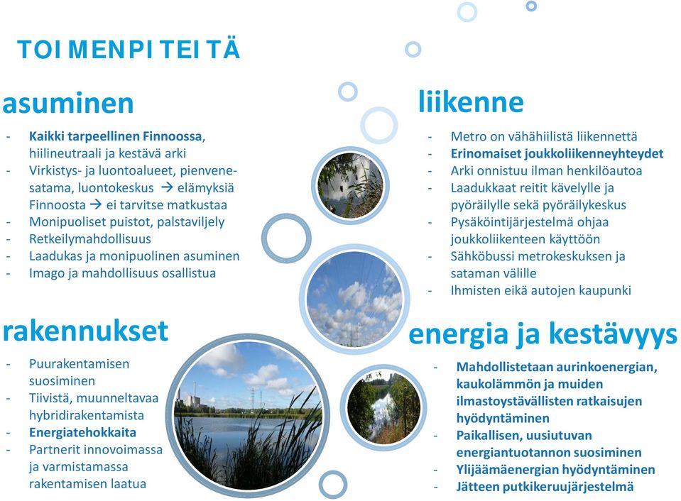 hybridirakentamista - Energiatehokkaita - Partnerit innovoimassa ja varmistamassa rakentamisen laatua liikenne - Metro on vähähiilistä liikennettä - Erinomaiset joukkoliikenneyhteydet - Arki onnistuu