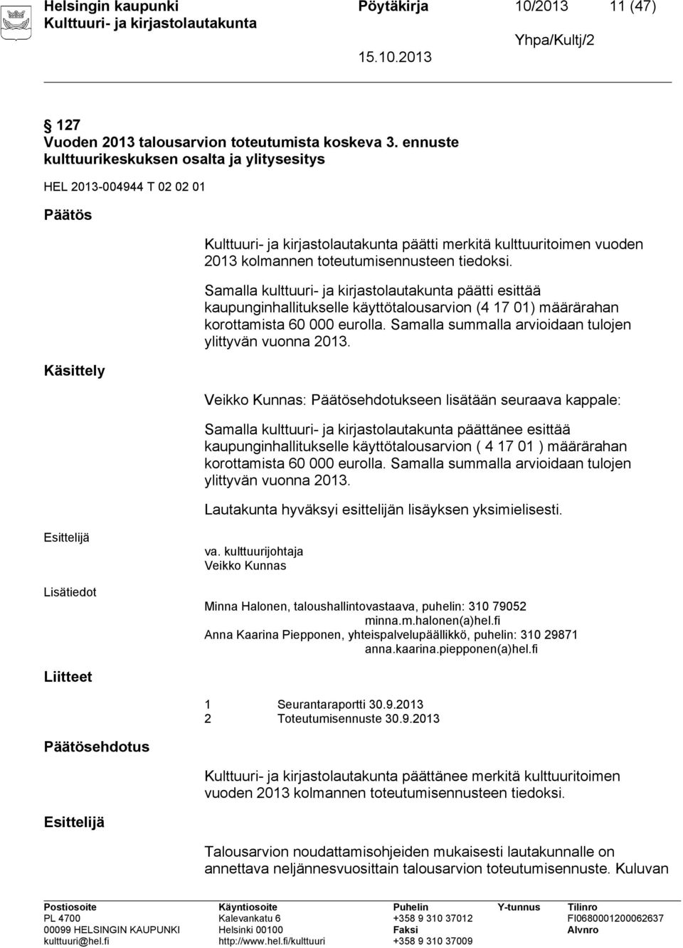 Samalla kulttuuri- ja kirjastolautakunta päätti esittää kaupunginhallitukselle käyttötalousarvion (4 17 01) määrärahan korottamista 60 000 eurolla.