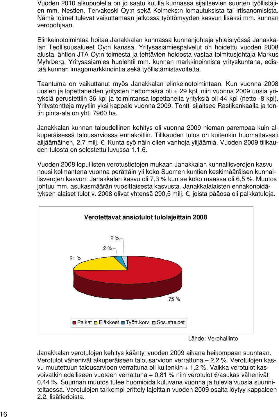 Elinkeinotoimintaa hoitaa Janakkalan kunnassa kunnanjohtaja yhteistyössä Janakkalan Teollisuusalueet Oy:n kanssa.