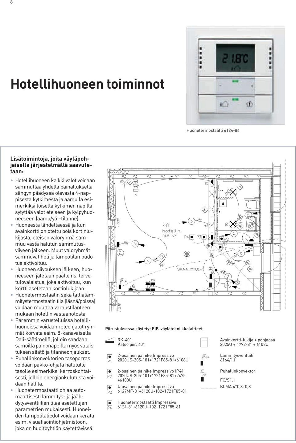 Huoneesta lähdettäessä ja kun avainkortti on otettu pois kortinlukijasta, eteisen valoryhmä sammuu vasta halutun sammutusviiveen jälkeen.