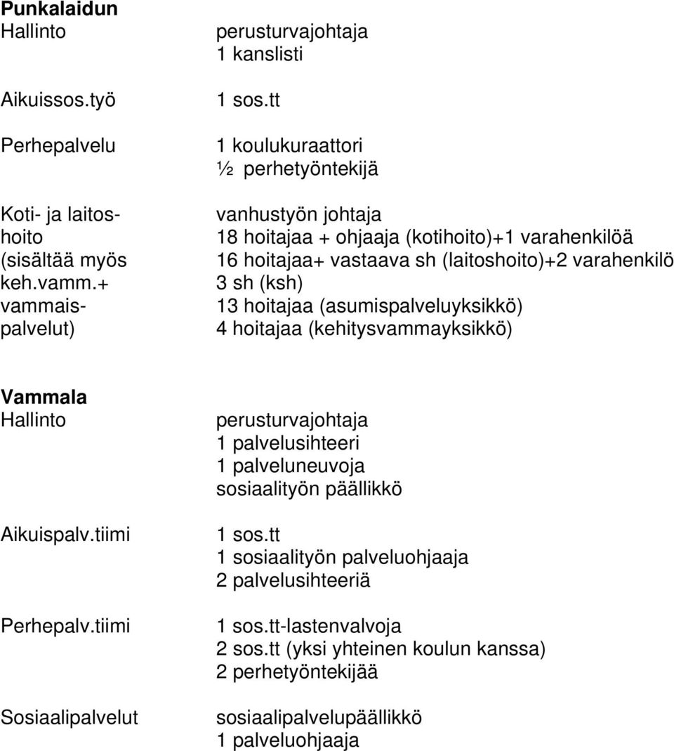 hoitajaa (asumispalveluyksikkö) 4 hoitajaa (kehitysvammayksikkö) Vammala Hallinto Aikuispalv.tiimi Perhepalv.