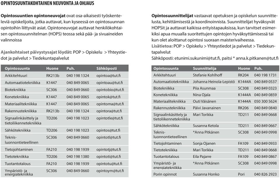 Tiedekuntapalvelut Opintosuunta Huone Puh. Sähköposti Arkkitehtuuri RK213b 040 198 1324 opintoa@tut.fi Automaatiotekniikka K1447 040 849 0065 opintoau@tut.