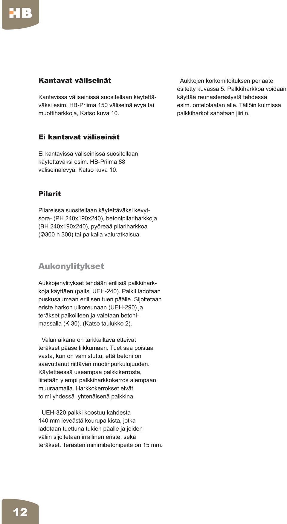 Ei kantavat väliseinät Ei kantavissa väliseinissä suositellaan käytettäväksi esim. HB-Priima 88 väliseinälevyä. Katso kuva 10.