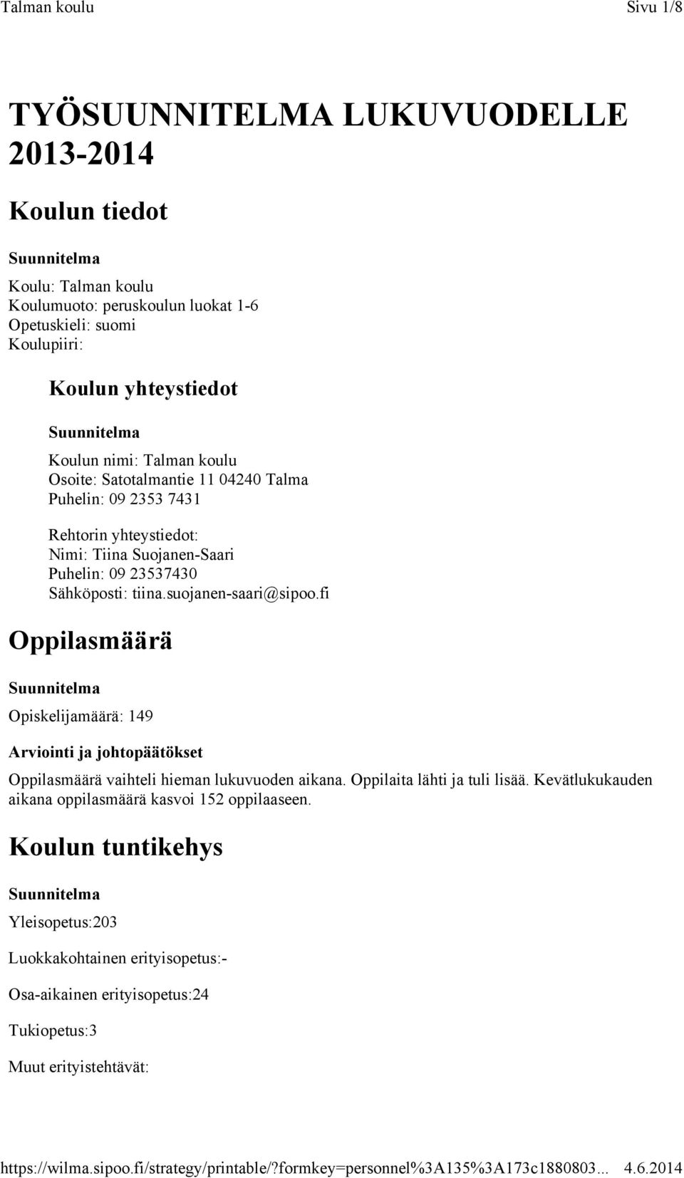 Sähköposti: tiina.suojanen-saari@sipoo.fi Oppilasmäärä Opiskelijamäärä: 149 Oppilasmäärä vaihteli hieman lukuvuoden aikana. Oppilaita lähti ja tuli lisää.