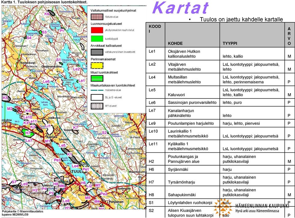 Kanalanharjun pähkinälehto lehto Le9 outunlampien harjulehto harju, lehto, pienvesi Le10 Laurinkallio 1 metsälehmusmetsikkö LsL luontotyyppi: jalopuumetsä Le11 Kyläkallio 1 metsälehmusmetsikkö LsL