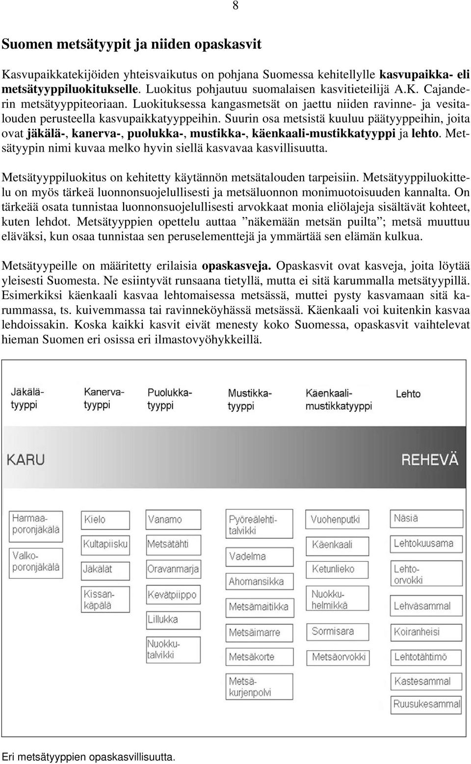 Suurin osa metsistä kuuluu päätyyppeihin, joita ovat jäkälä-, kanerva-, puolukka-, mustikka-, käenkaali-mustikkatyyppi ja lehto. Metsätyypin nimi kuvaa melko hyvin siellä kasvavaa kasvillisuutta.