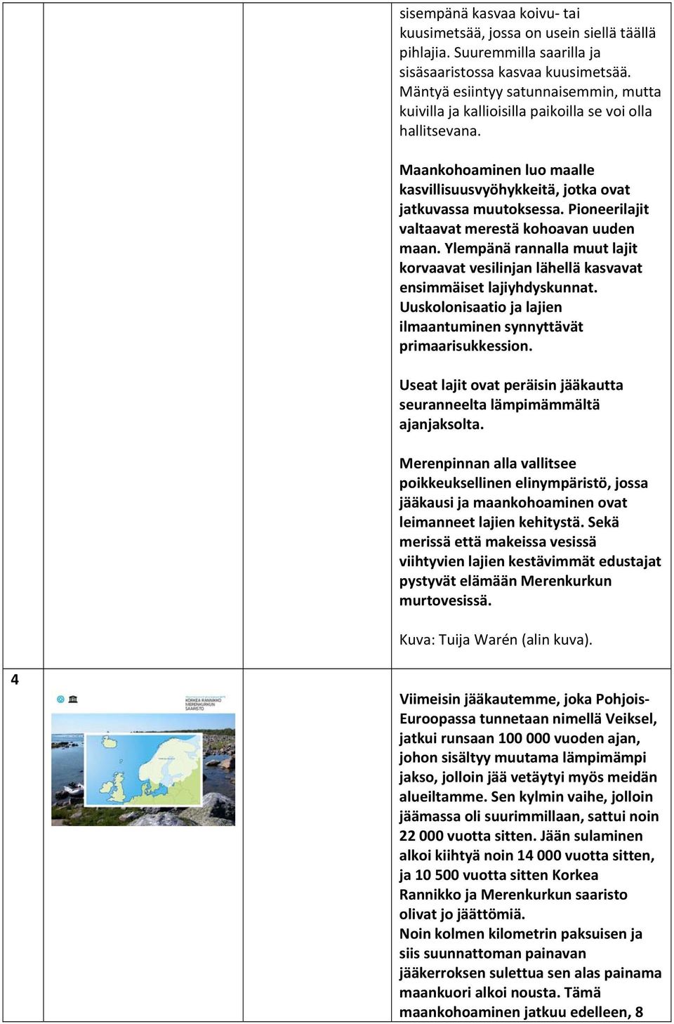 Pioneerilajit valtaavat merestä kohoavan uuden maan. Ylempänä rannalla muut lajit korvaavat vesilinjan lähellä kasvavat ensimmäiset lajiyhdyskunnat.