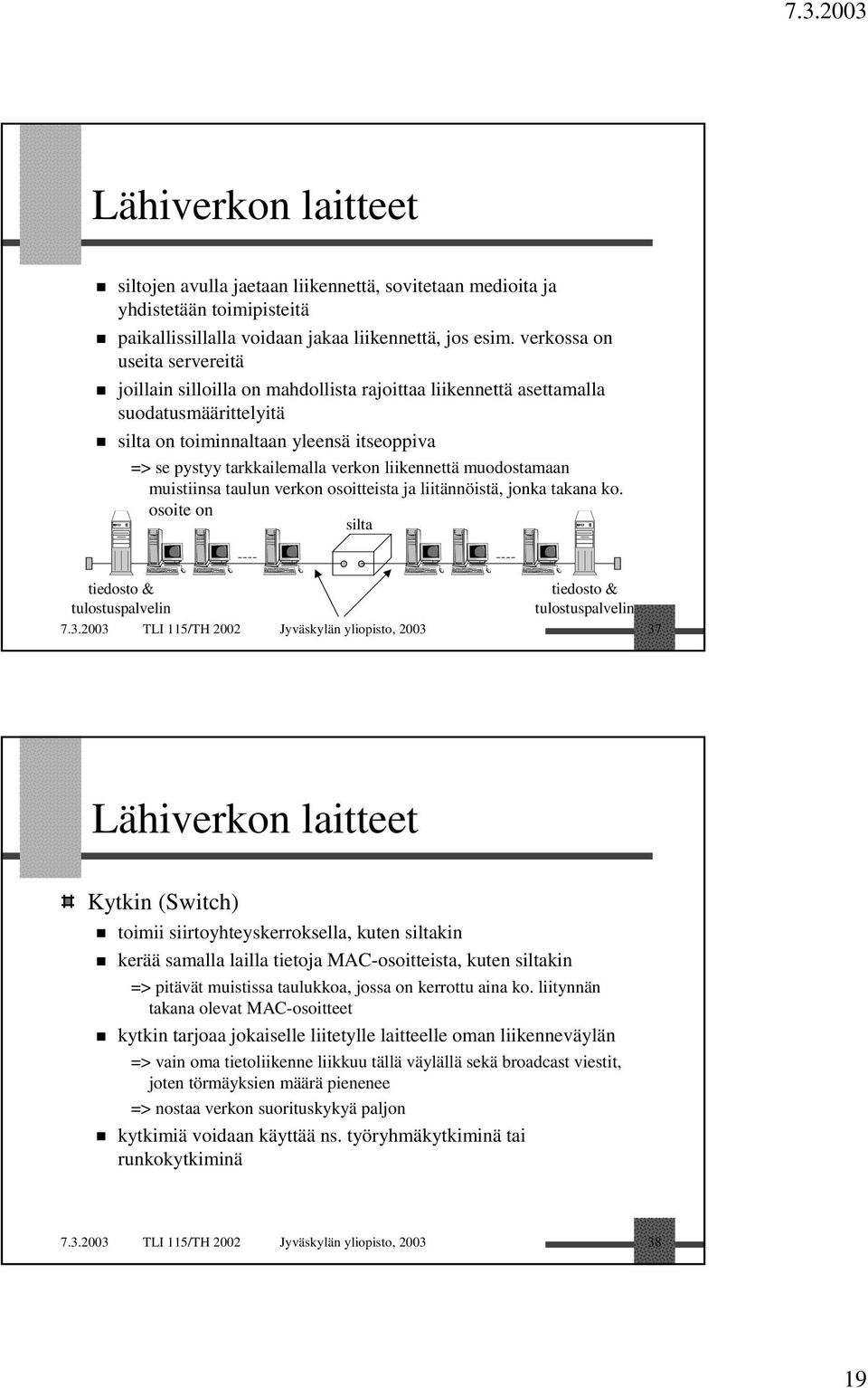 liikennettä muodostamaan muistiinsa taulun verkon osoitteista ja liitännöistä, jonka takana ko. osoite on silta tiedosto & tiedosto & tulostuspalvelin tulostuspalvelin 7.3.