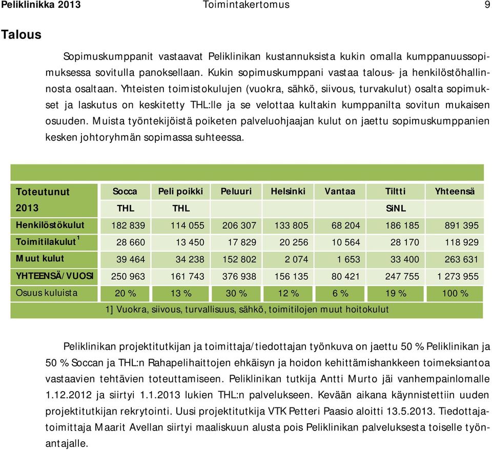 Yhteisten toimistokulujen (vuokra, sähkö, siivous, turvakulut) osalta sopimukset ja laskutus on keskitetty THL:lle ja se velottaa kultakin kumppanilta sovitun mukaisen osuuden.