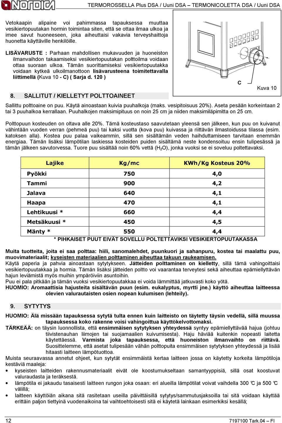 Tämän suorittamiseksi vesikiertopuutakka voidaan kytkeä ulkoilmanottoon lisävarusteena toimitettavalla liittimellä (Kuva 10 - C) ( Sarja d. 120 ) 8.