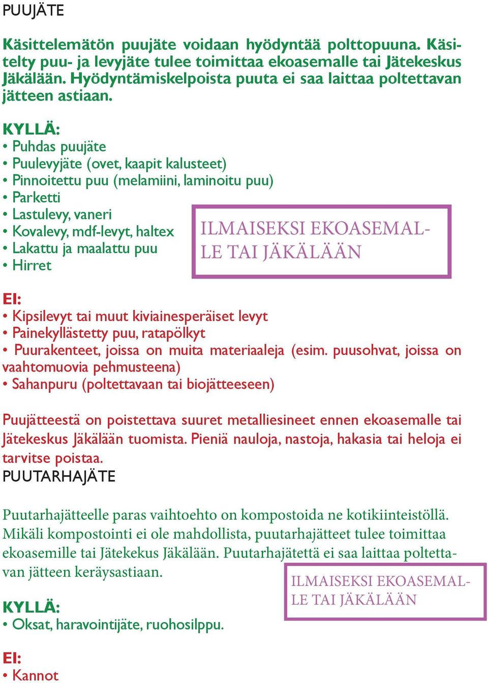 KYLLÄ: Puhdas puujäte Puulevyjäte (ovet, kaapit kalusteet) Pinnoitettu puu (melamiini, laminoitu puu) Parketti Lastulevy, vaneri Kovalevy, mdf-levyt, haltex Lakattu ja maalattu puu Hirret EI: