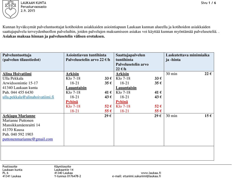 Alina Hoivatiimi Ulla Pekkala Arwidssonintie 15-17 n kunta Puh. 044 455 6430 ulla.pekkala@alinahoivatiimi.fi Arkiapu Marianne Marianne Puttonen Mansikkamäenraitti 14 41370 Kuusa Puh.