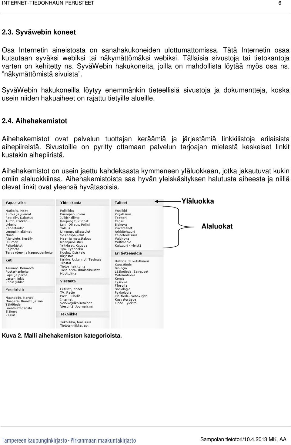 SyväWebin hakukoneilla löytyy enemmänkin tieteellisiä sivustoja ja dokumentteja, koska usein niiden hakuaiheet on rajattu tietyille alueille. 2.4.