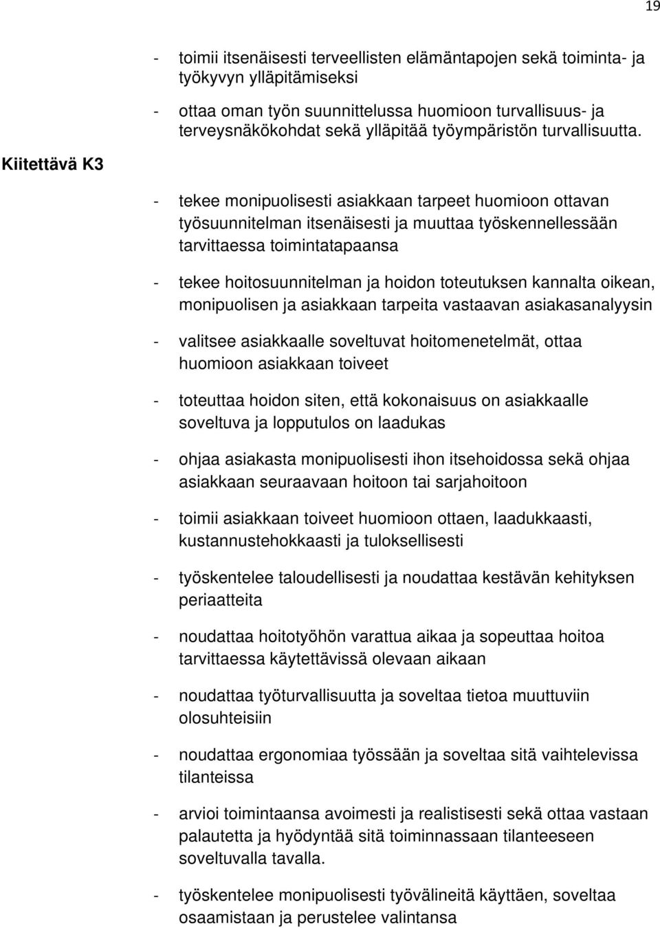 Kiitettävä K3 tekee monipuolisesti asiakkaan tarpeet huomioon ottavan työsuunnitelman itsenäisesti ja muuttaa työskennellessään tarvittaessa toimintatapaansa tekee hoitosuunnitelman ja hoidon