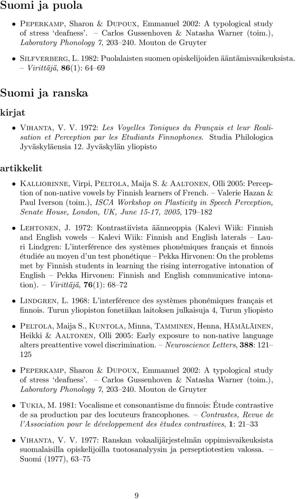 rittäjä, 86(1): 64 69 Suomi ja ranska kirjat Vihanta, V. V. 1972: Les Voyelles Toniques du Français et leur Realisation et Perception par les Etudiants Finnophones.