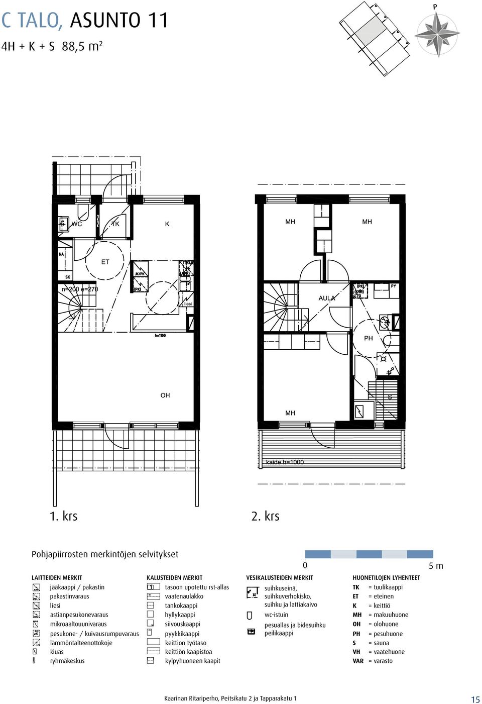 suihkuseinä, TK = tuulikaappi pakastinvaraus vaatenaulakko suihkuverhokisko, ET = eteinen liesi tankokaappi suihku ja lattiakaivo K = keittiö astianpesukonevaraus hyllykaappi wc-istuin MH =