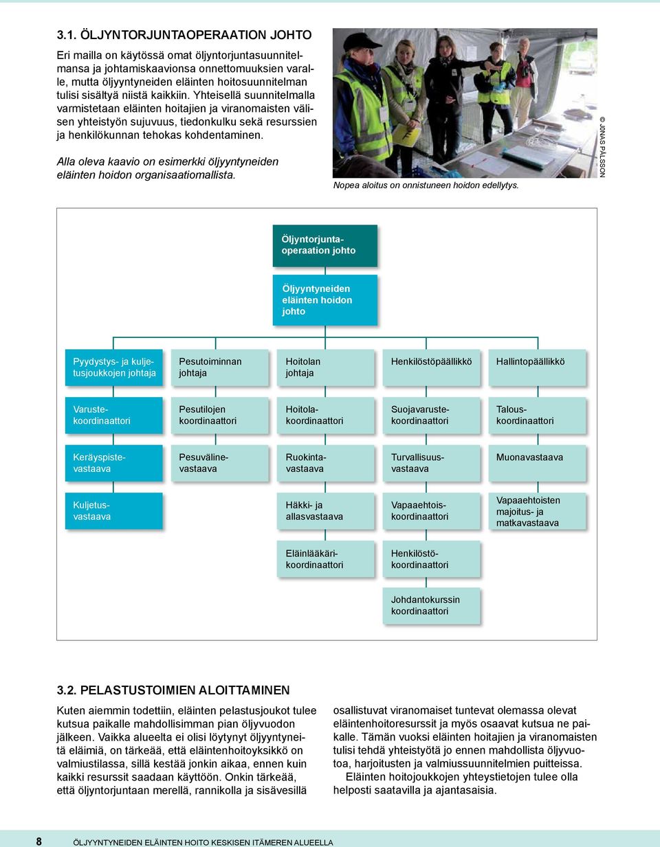 Alla oleva kaavio on esimerkki öljyyntyneiden eläinten hoidon organisaatiomallista. Nopea aloitus on onnistuneen hoidon edellytys.