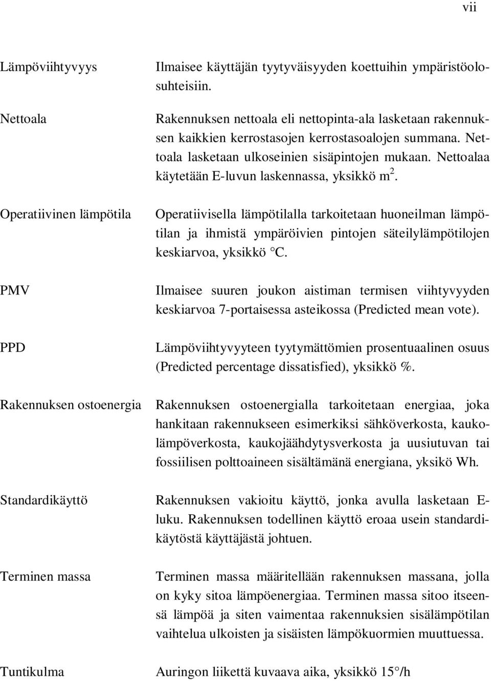 Nettoalaa käytetään E-luvun laskennassa, yksikkö m 2. Operatiivisella lämpötilalla tarkoitetaan huoneilman lämpötilan ja ihmistä ympäröivien pintojen säteilylämpötilojen keskiarvoa, yksikkö C.