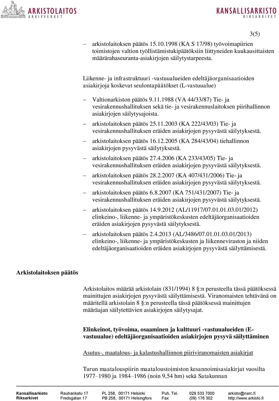 1988 (VA 44/33/87) Tie- ja vesirakennushallituksen sekä tie- ja vesirakennuslaitoksen piirihallinnon asiakirjojen säilytysajoista. arkistolaitoksen päätös 25.11.