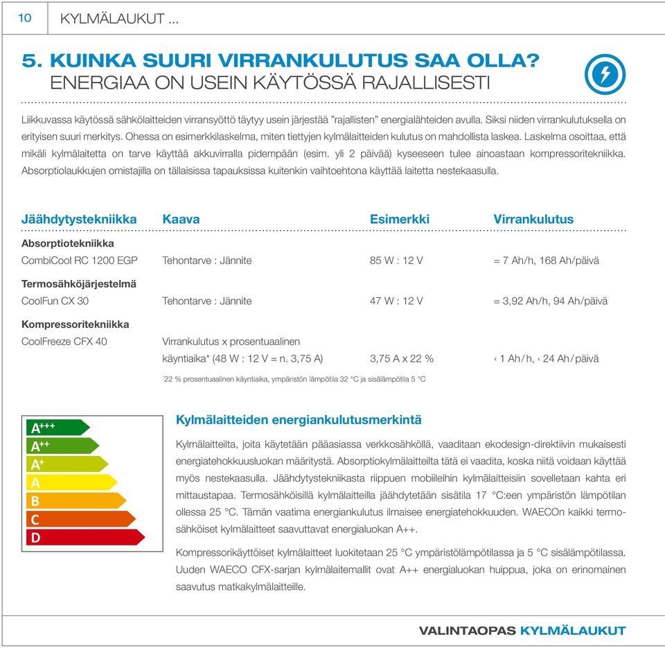 Siksi niiden virrankulutuksella on erityisen suuri merkitys. Ohessa on esimerkkilaskelma, miten tiettyjen kylmälaitteiden kulutus on mahdollista laskea.