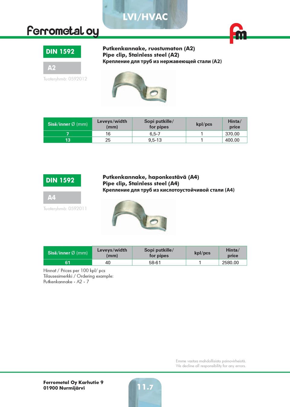 00 DIN 1592 A4 Putkenkannake, haponkestävä (A4) Pipe clip, Stainless steel (A4) Крепление для труб из кислотоустойчивой стали (А4)