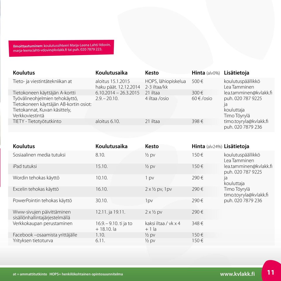 12.2014 2-3 iltaa/kk Lea Tamminen Tietokoneen käyttäjän A-kortti 6.10.2014 26.3.2015 21 iltaa 300 lea.tamminen@kvlakk.fi Työvälineohjelmien tehokäyttö, 2.9. 20.10. 4 iltaa /osio 60 /osio puh.