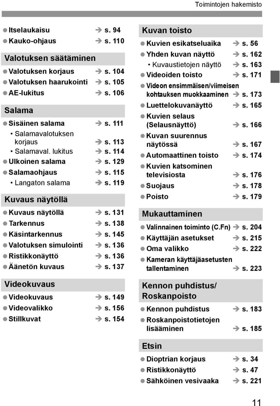 138 Käsintarkennus s. 145 Valotuksen simulointi s. 136 Ristikkonäyttö s. 136 Äänetön kuvaus s. 137 Videokuvaus Videokuvaus s. 149 Videovalikko s. 156 Stillkuvat s.