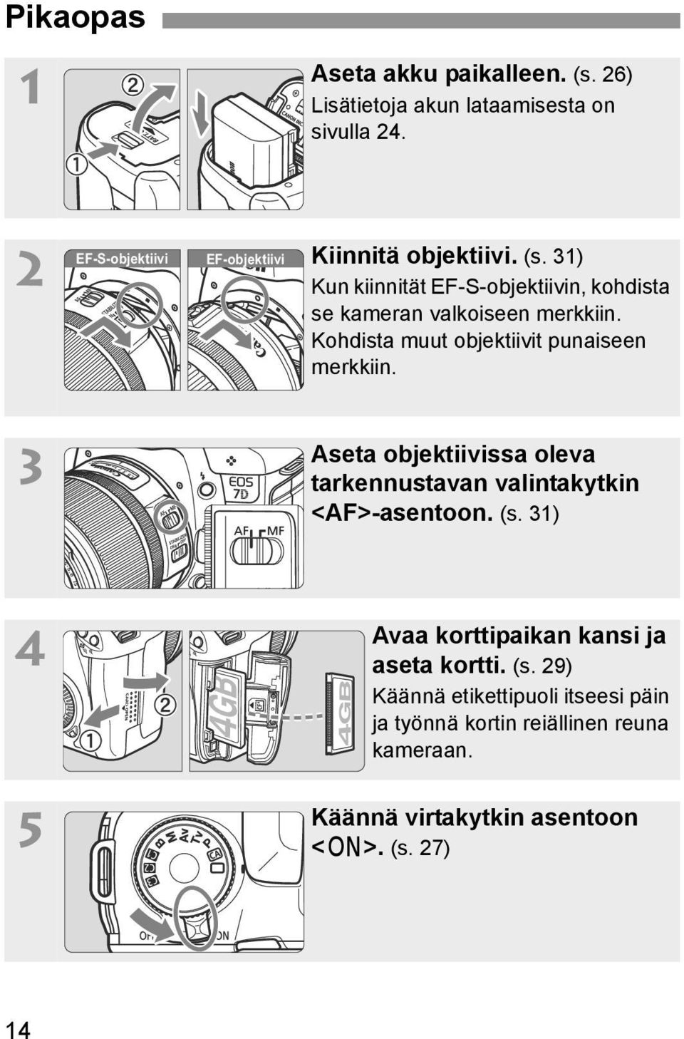 31) Kun kiinnität EF-S-objektiivin, kohdista se kameran valkoiseen merkkiin. Kohdista muut objektiivit punaiseen merkkiin.