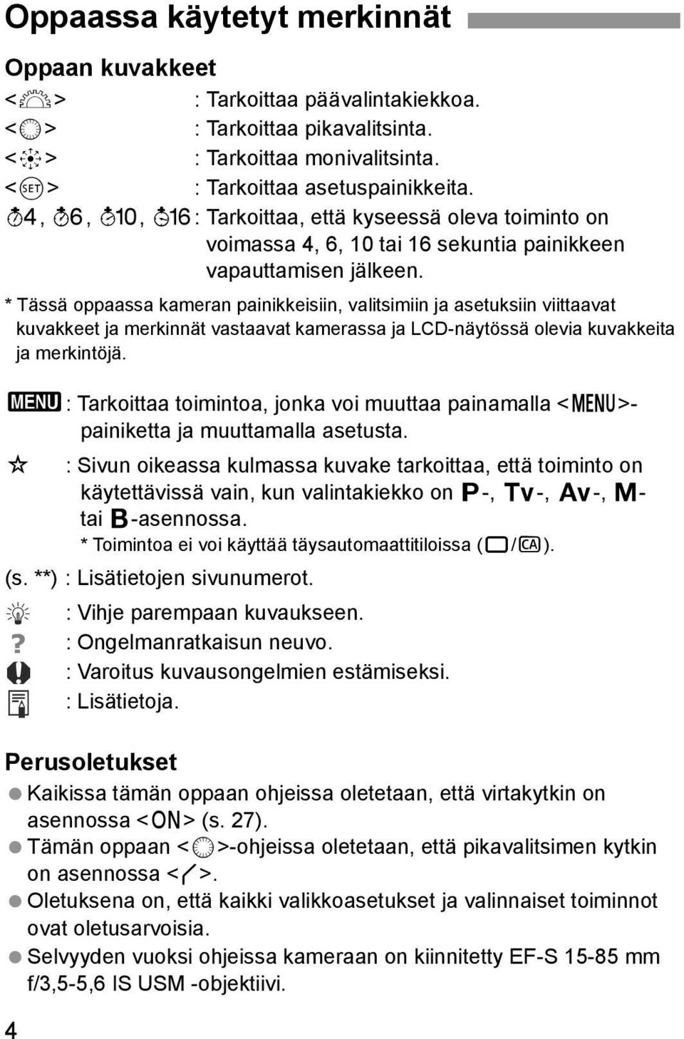 * Tässä oppaassa kameran painikkeisiin, valitsimiin ja asetuksiin viittaavat kuvakkeet ja merkinnät vastaavat kamerassa ja LCD-näytössä olevia kuvakkeita ja merkintöjä.