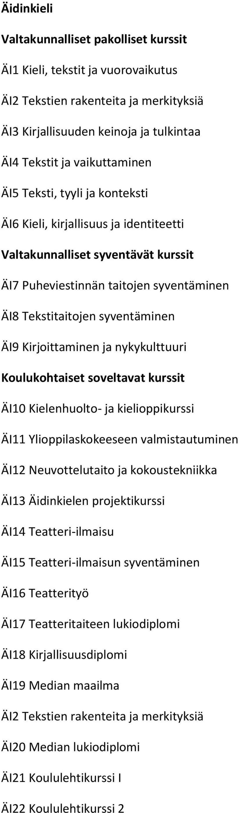 ÄI11 Ylioppilaskokeeseen valmistautuminen ÄI12 Neuvottelutaito ja kokoustekniikka ÄI13 Äidinkielen projektikurssi ÄI14 Teatteri-ilmaisu ÄI15 Teatteri-ilmaisun syventäminen ÄI16