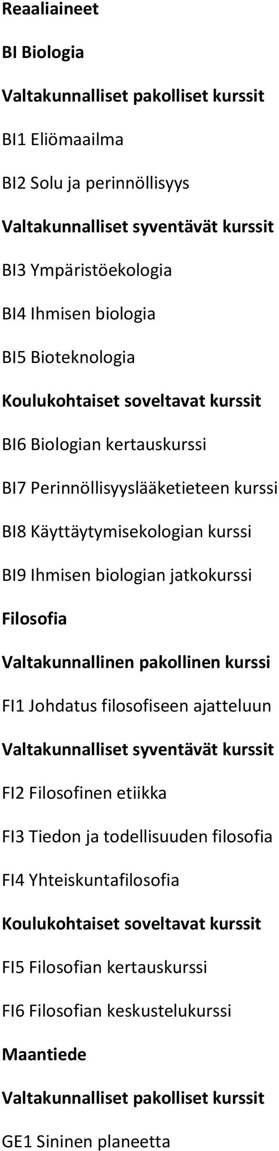 jatkokurssi Filosofia Valtakunnallinen pakollinen kurssi FI1 Johdatus filosofiseen ajatteluun FI2 Filosofinen etiikka FI3 Tiedon