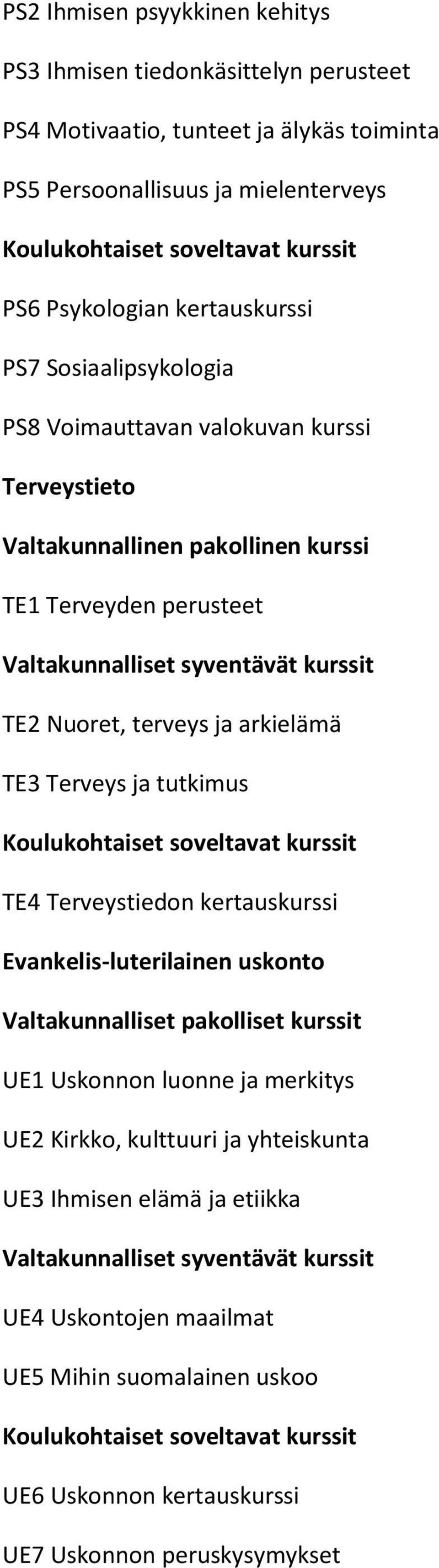 Nuoret, terveys ja arkielämä TE3 Terveys ja tutkimus TE4 Terveystiedon kertauskurssi Evankelis-luterilainen uskonto UE1 Uskonnon luonne ja merkitys UE2