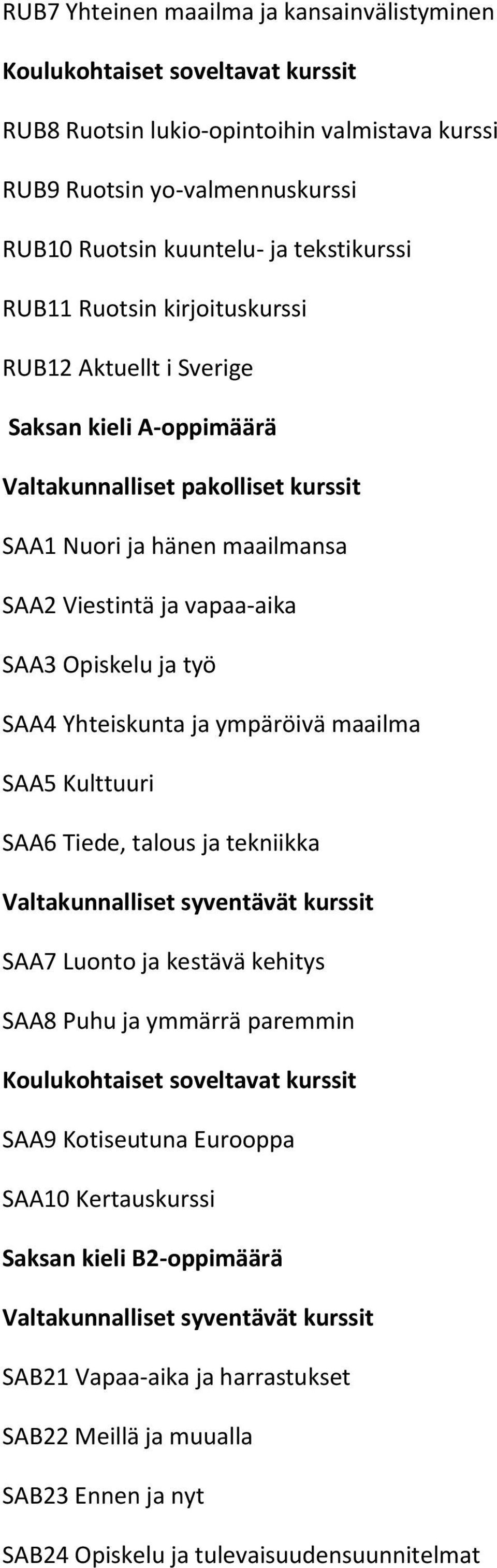 Yhteiskunta ja ympäröivä maailma SAA5 Kulttuuri SAA6 Tiede, talous ja tekniikka SAA7 Luonto ja kestävä kehitys SAA8 Puhu ja ymmärrä paremmin SAA9 Kotiseutuna