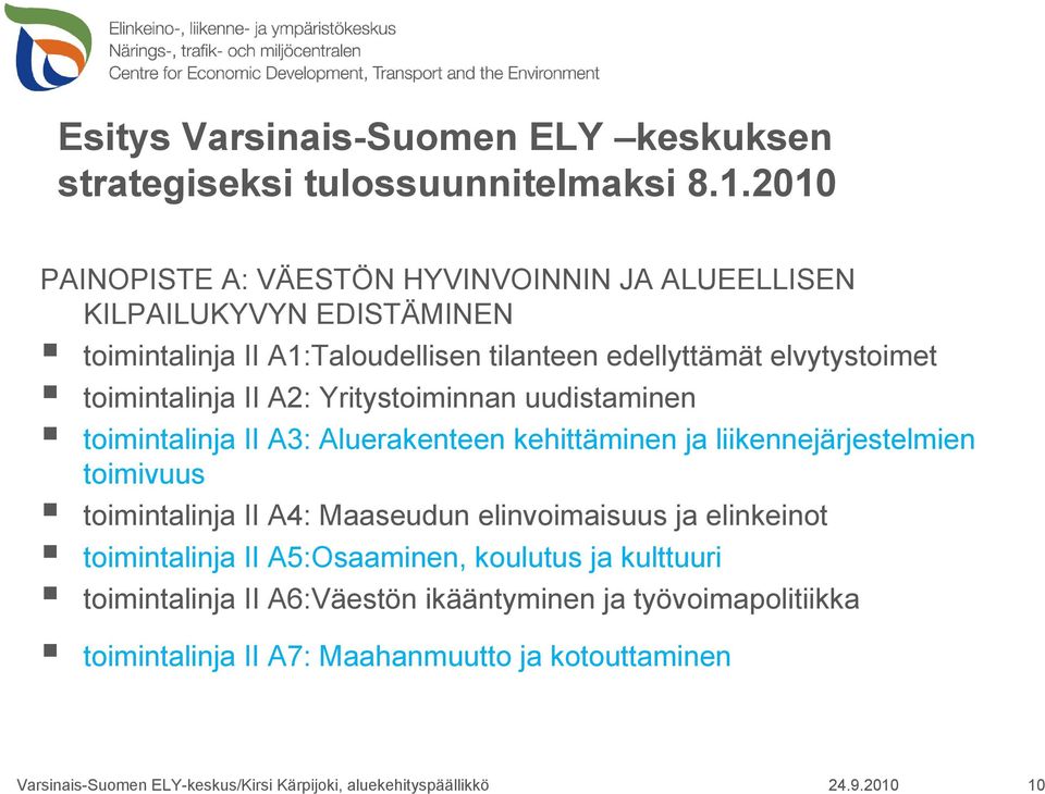 II A2: Yritystoiminnan uudistaminen toimintalinja II A3: Aluerakenteen kehittäminen ja liikennejärjestelmien toimivuus toimintalinja II A4: Maaseudun elinvoimaisuus