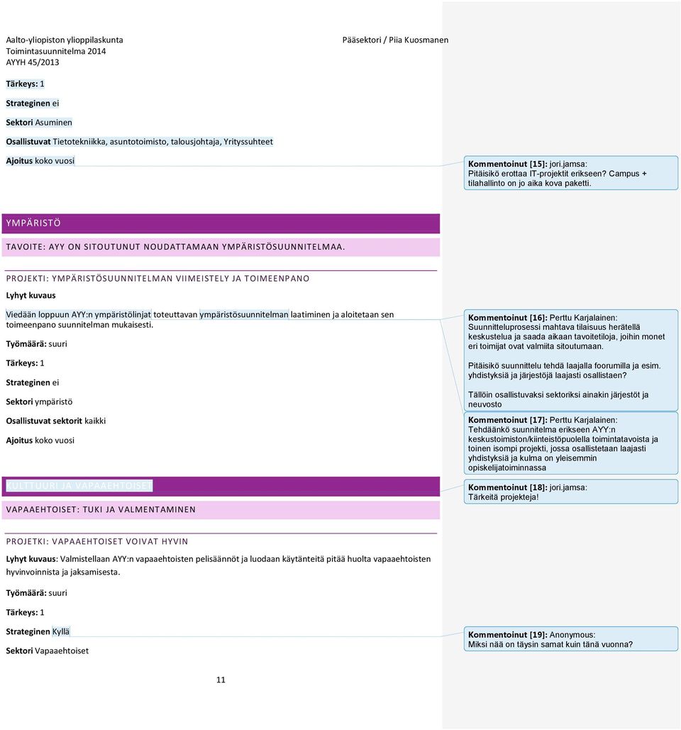 PROJEKTI: YMPÄRISTÖSUUNNITELMAN VIIMEISTELY JA TOIMEENPANO Lyhyt kuvaus Viedään loppuun AYY:n ympäristölinjat toteuttavan ympäristösuunnitelman laatiminen ja aloitetaan sen toimeenpano suunnitelman