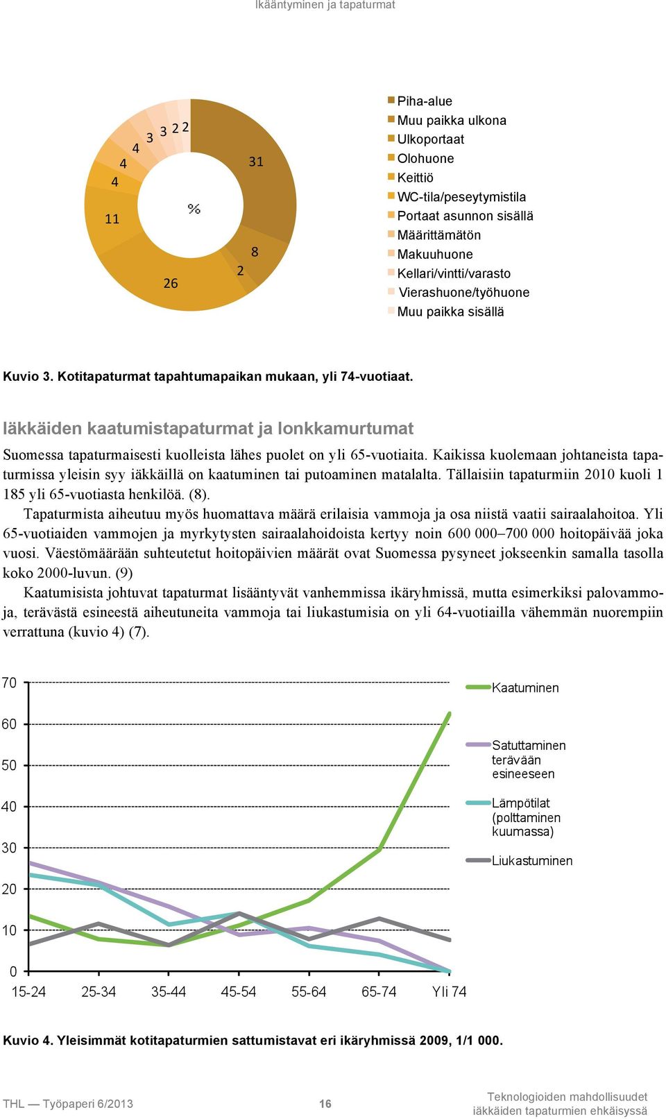 Kaikissa kuolemaan johtaneista tapaturmissa yleisin syy iäkkäillä on kaatuminen tai putoaminen matalalta. Tällaisiin tapaturmiin 2010 kuoli 1 185 yli 65-vuotiasta henkilöä. (8).