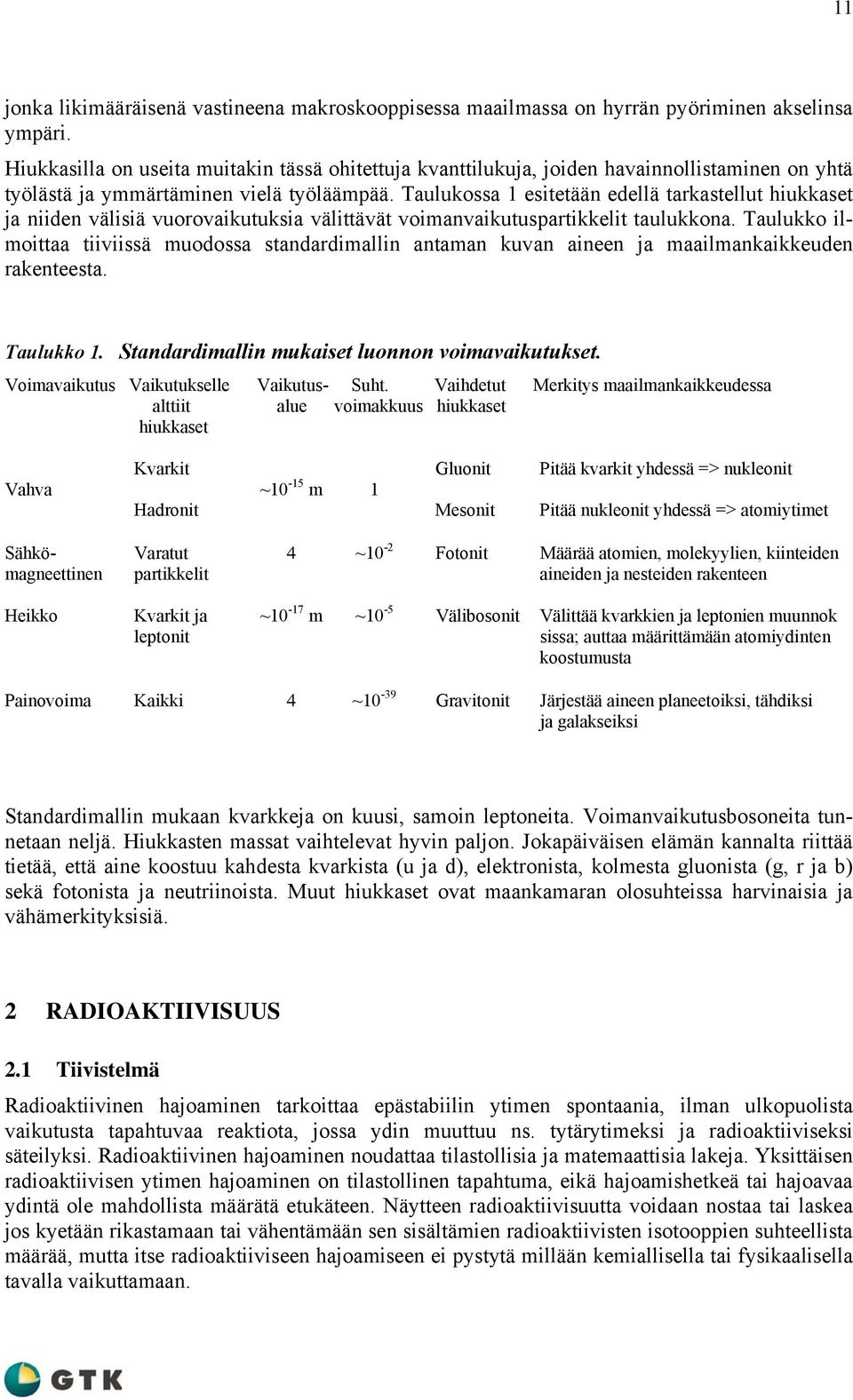 Taulukossa 1 esitetään edellä tarkastellut hiukkaset ja niiden välisiä vuorovaikutuksia välittävät voimanvaikutuspartikkelit taulukkona.