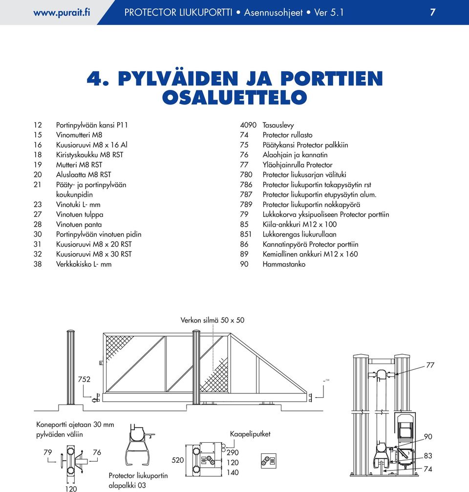 koukunpidin 23 Vinotuki L- mm 27 Vinotuen tulppa 28 Vinotuen panta 30 Portinpylvään vinotuen pidin 31 Kuusioruuvi M8 x 20 RST 32 Kuusioruuvi M8 x 30 RST 38 Verkkokisko L- mm 4090 Tasauslevy 74