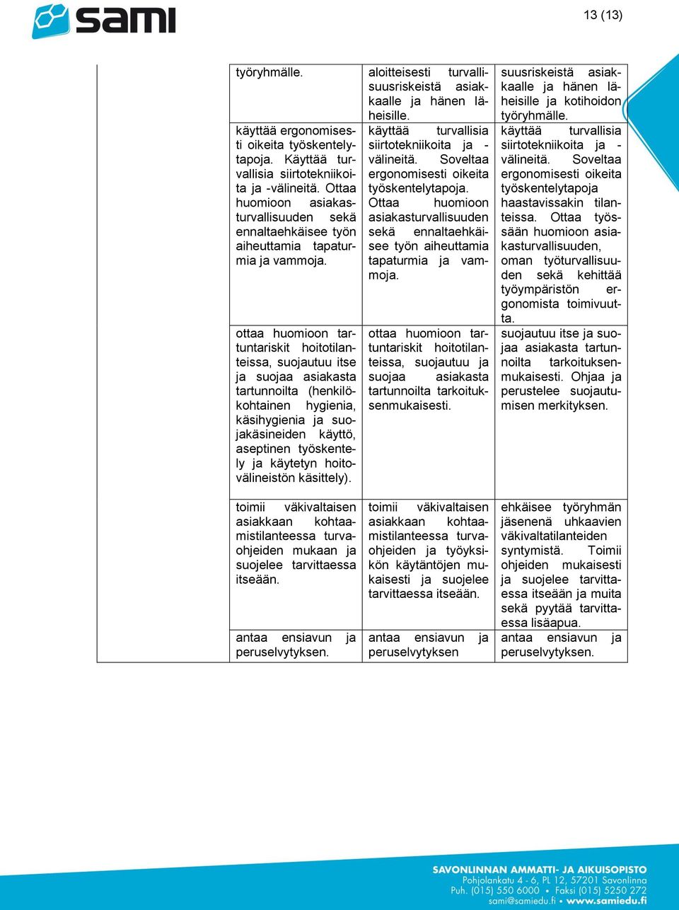 aloitteisesti turvallisuusriskeistä asiakkaalle ja hänen läheisille. käyttää ergonomisesti käyttää turvallisia oikeita työskentely- siirtotekniikoita ja - tapoja. Käyttää turvallisia välineitä.