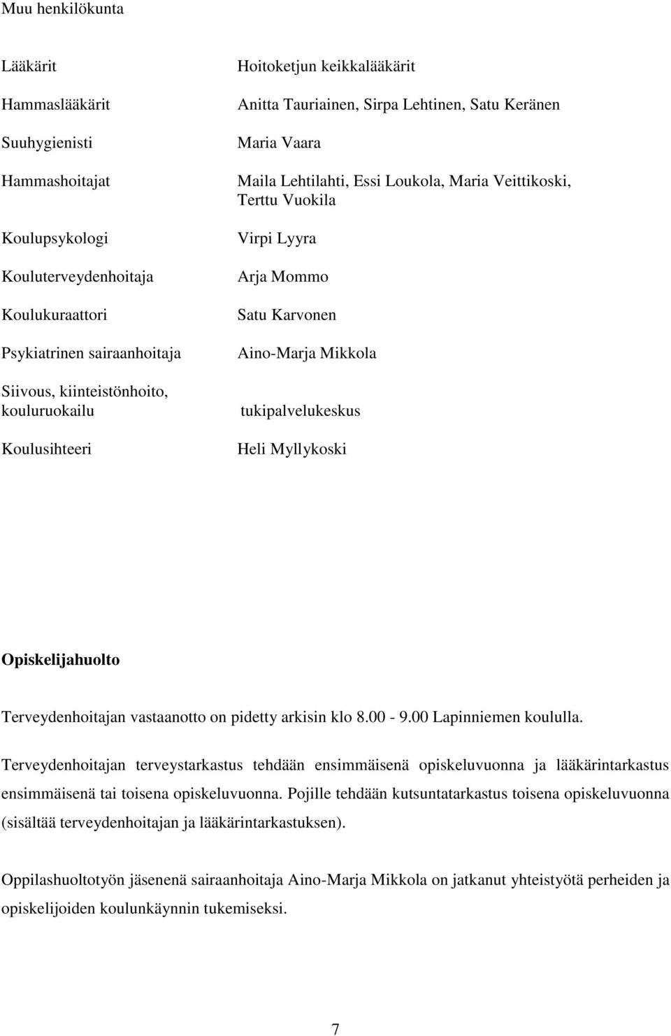 Karvonen Aino-Marja Mikkola tukipalvelukeskus Heli Myllykoski Opiskelijahuolto Terveydenhoitajan vastaanotto on pidetty arkisin klo 8.00-9.00 Lapinniemen koululla.