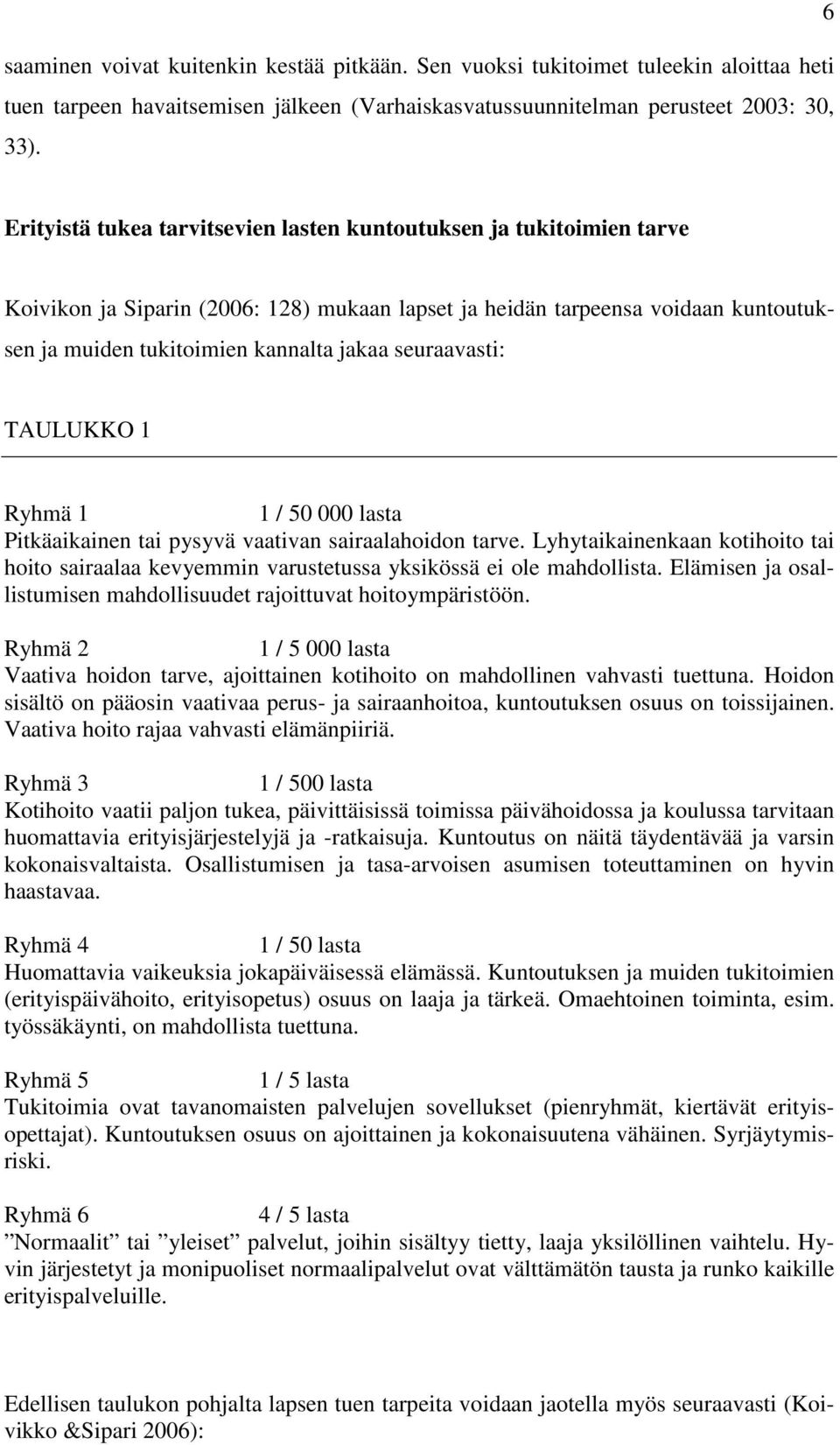 seuraavasti: TAULUKKO 1 Ryhmä 1 1 / 50 000 lasta Pitkäaikainen tai pysyvä vaativan sairaalahoidon tarve.